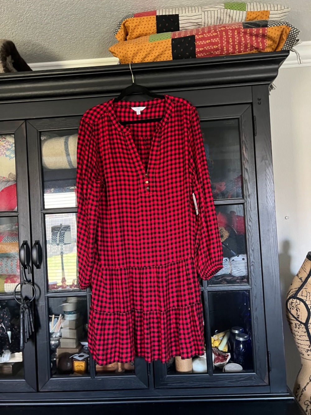 Time and Tru NWT Red and Black Buffalo Plaid Tiered Shirt Dress